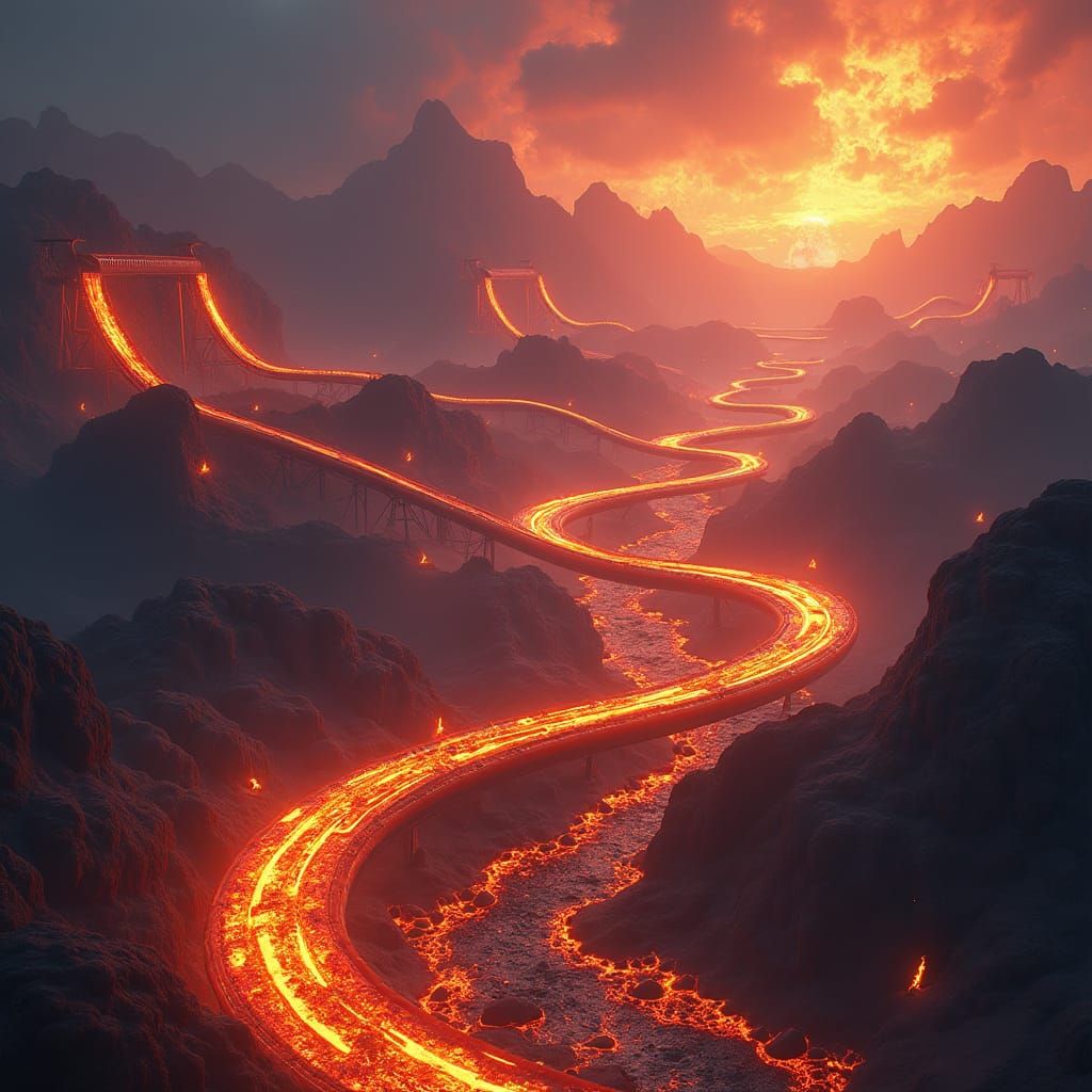 Lava Rollercoaster in Fiery Fantasy Landscape