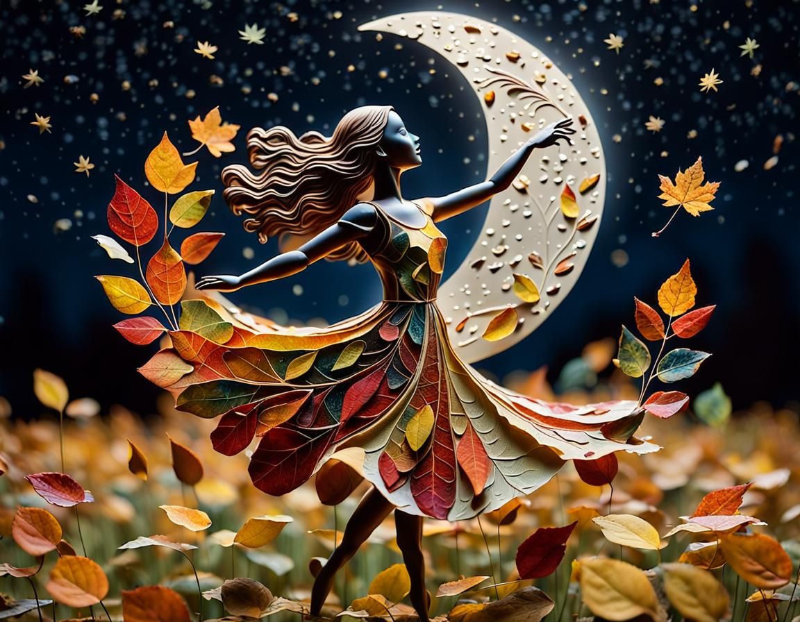 Embossed Autumn Leaf Woman Dancing in Flower Field
