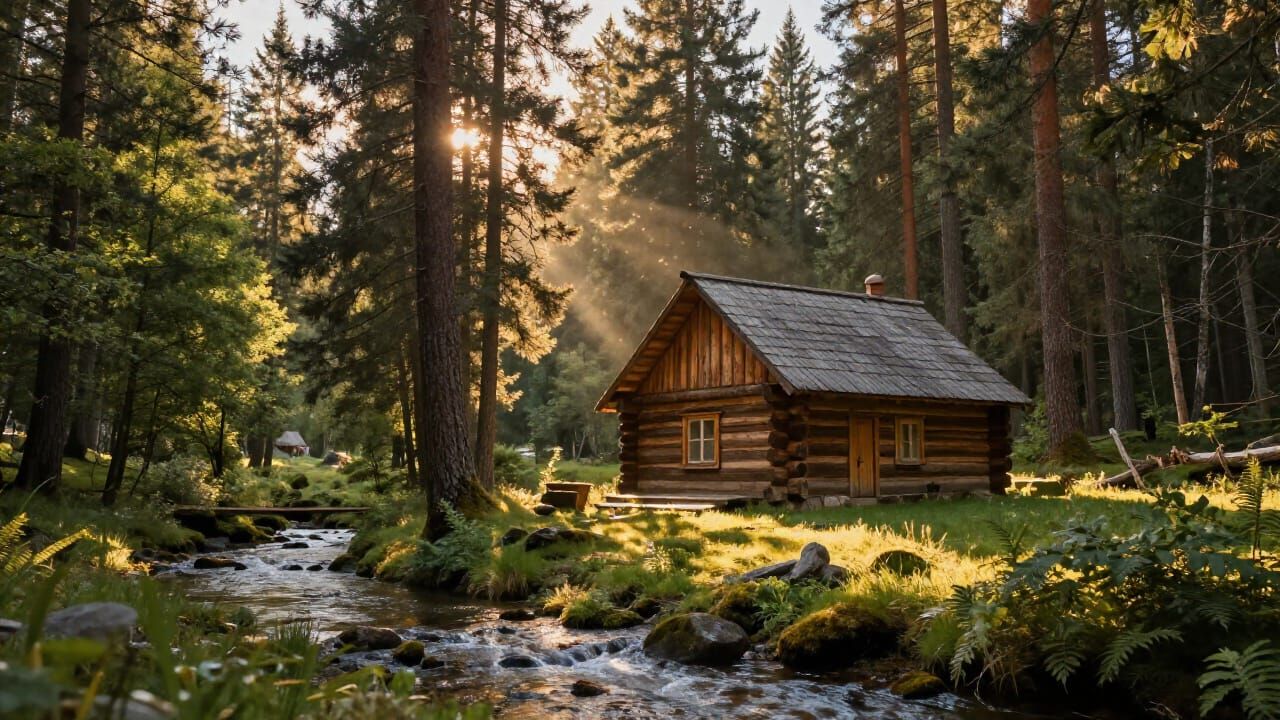Rustic Log Cabin in Sun-Dappled Ancient Forest