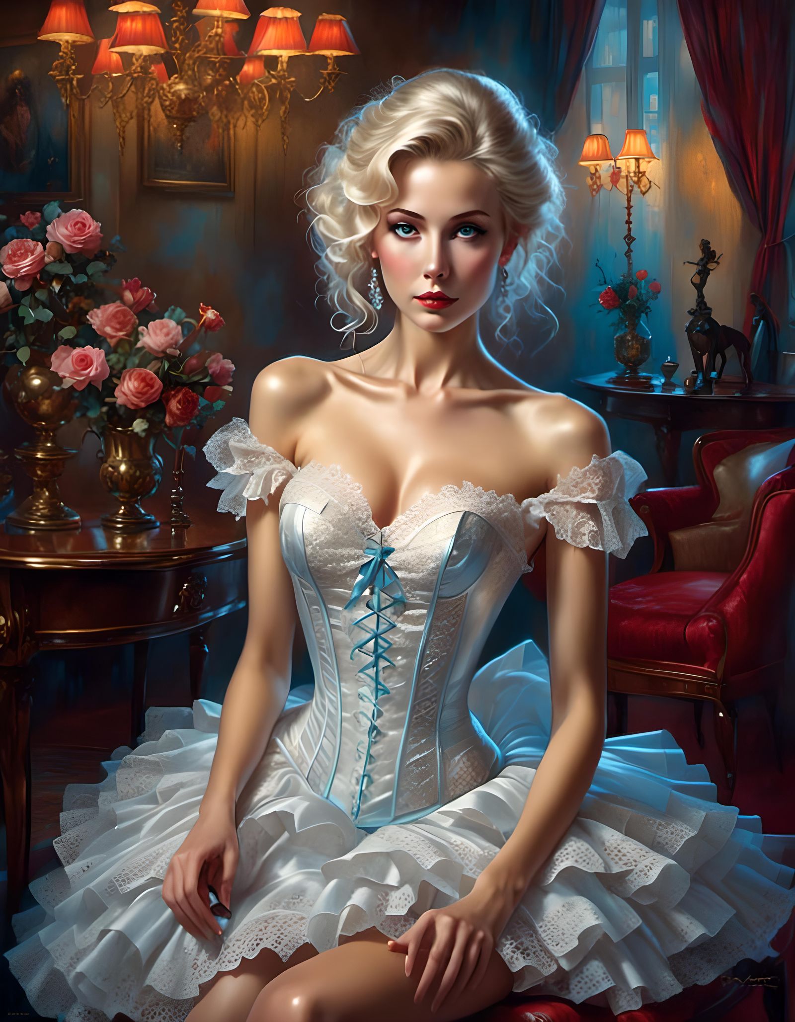 Beautiful Woman in Corset Dress, Studio Lighting