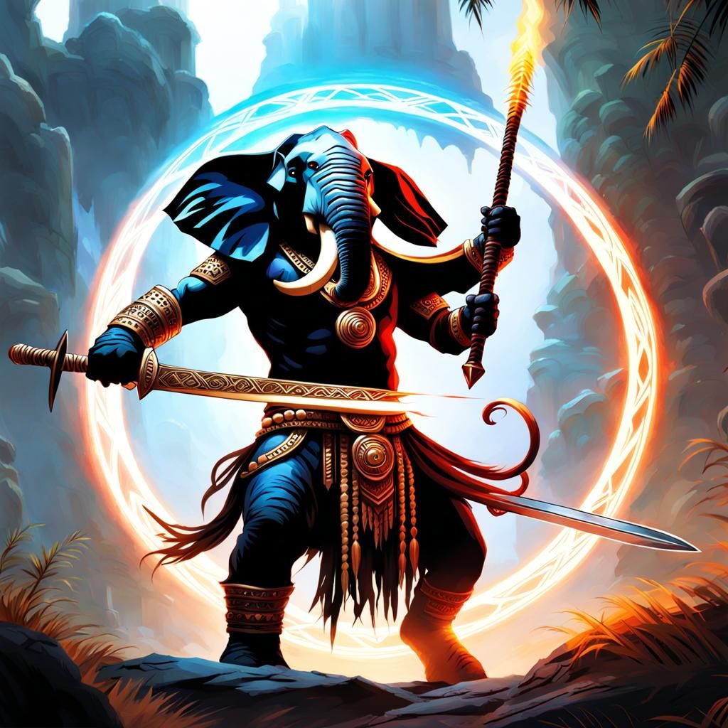 Elephant Warrior in Chaotic Aztec Battle