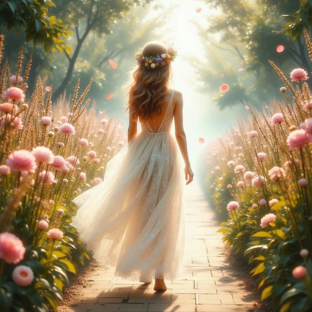 Whimsical Flower Girl in Dreamlike Fantasy World