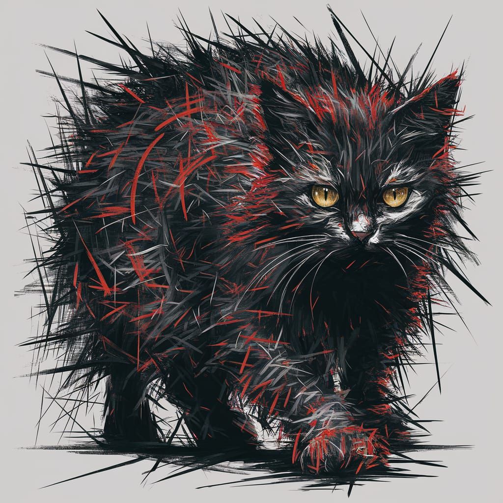 Abstract Cat Artwork with Red and Black Lines