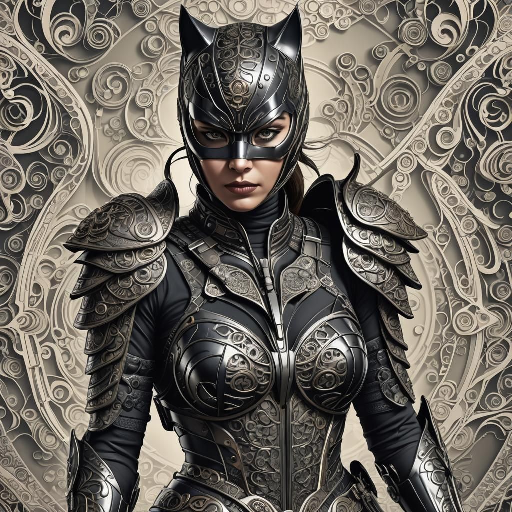 Realistic Catwoman in Samurai Armor with 3D Shading