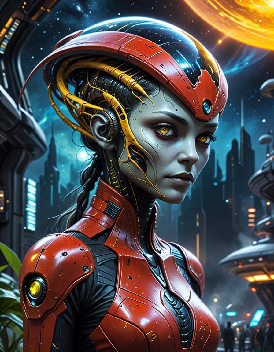 Steampunk Alien Exploration in Vibrant Cityscape