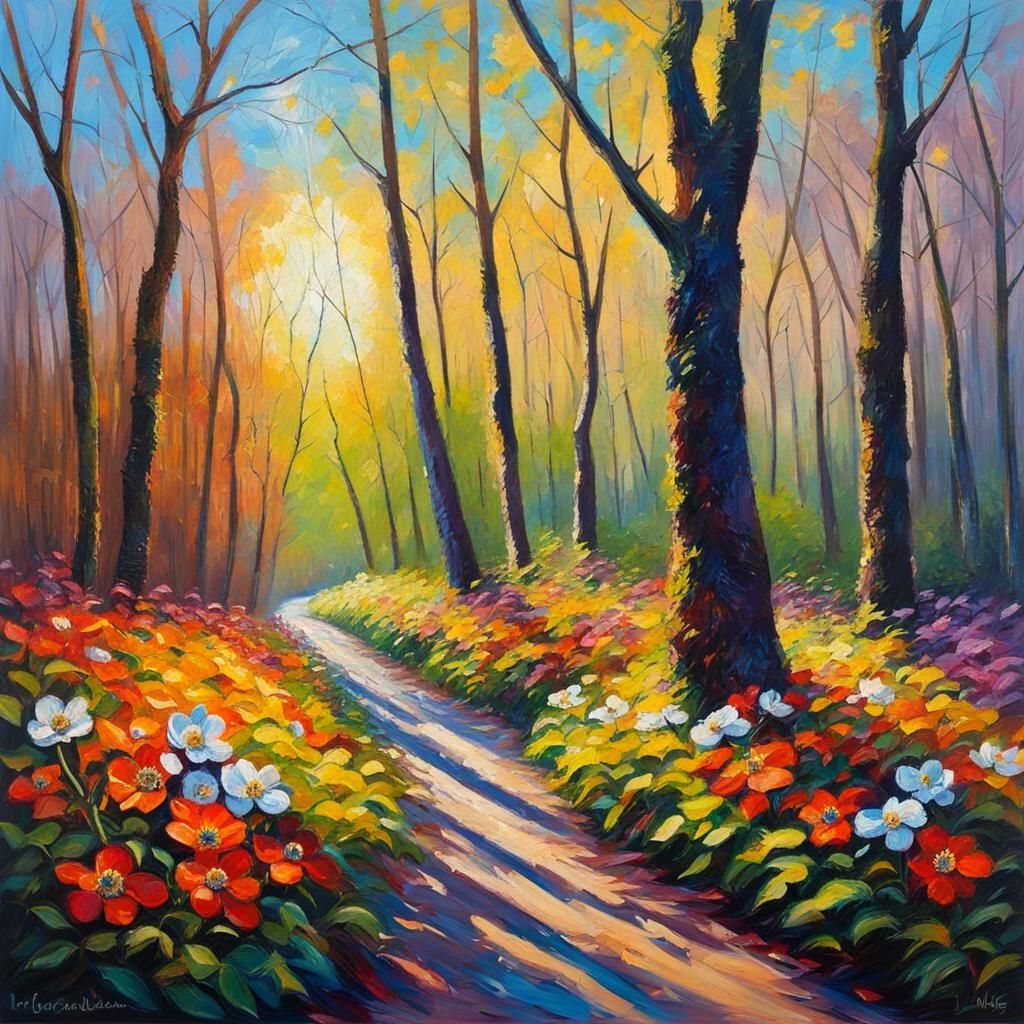 Wood Anemones in Neo-Impressionist Spring Landscape