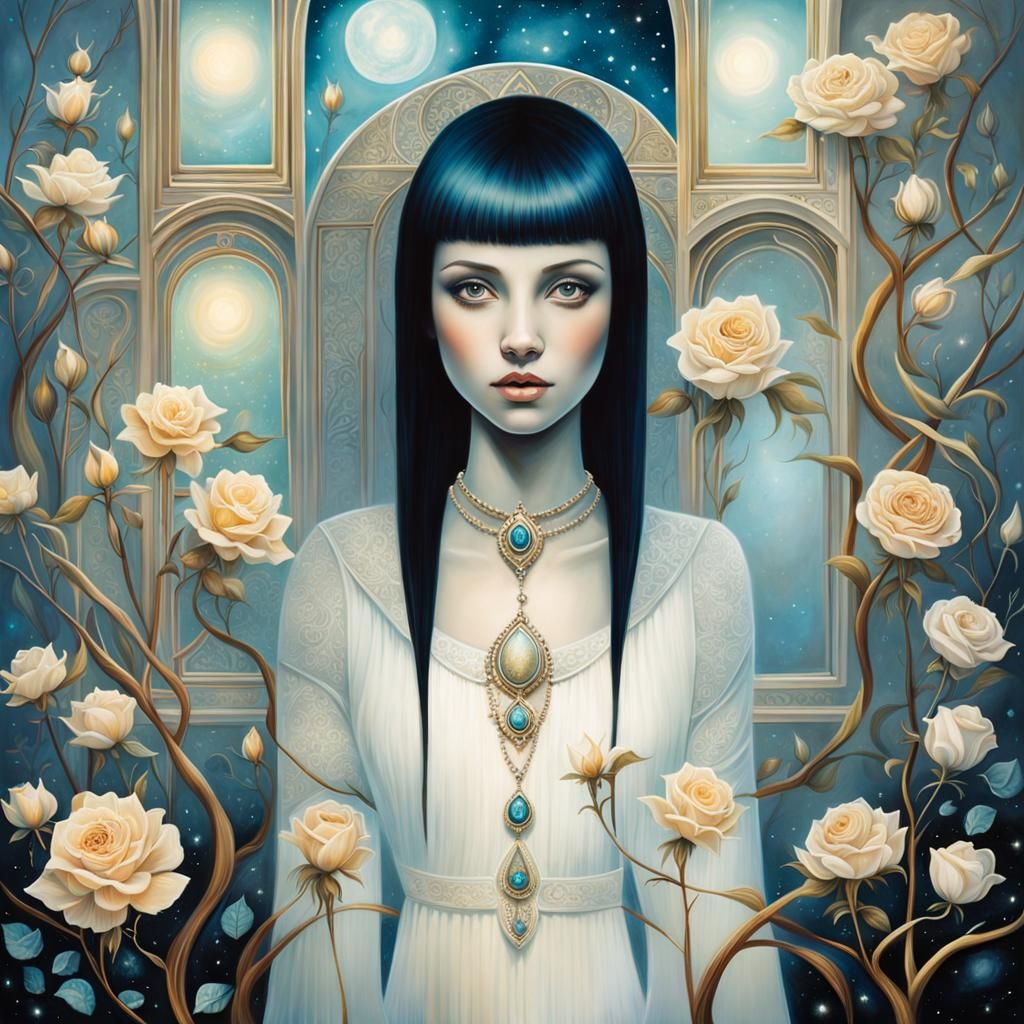 Girl with Golden Rose in Moonlit Garden