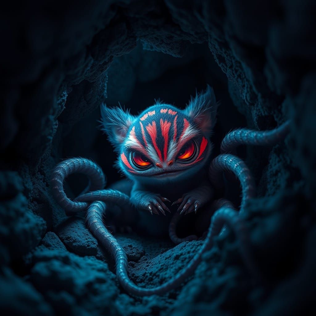 Creepy-Cute Creature with Neon Stripes in Rock Fissure