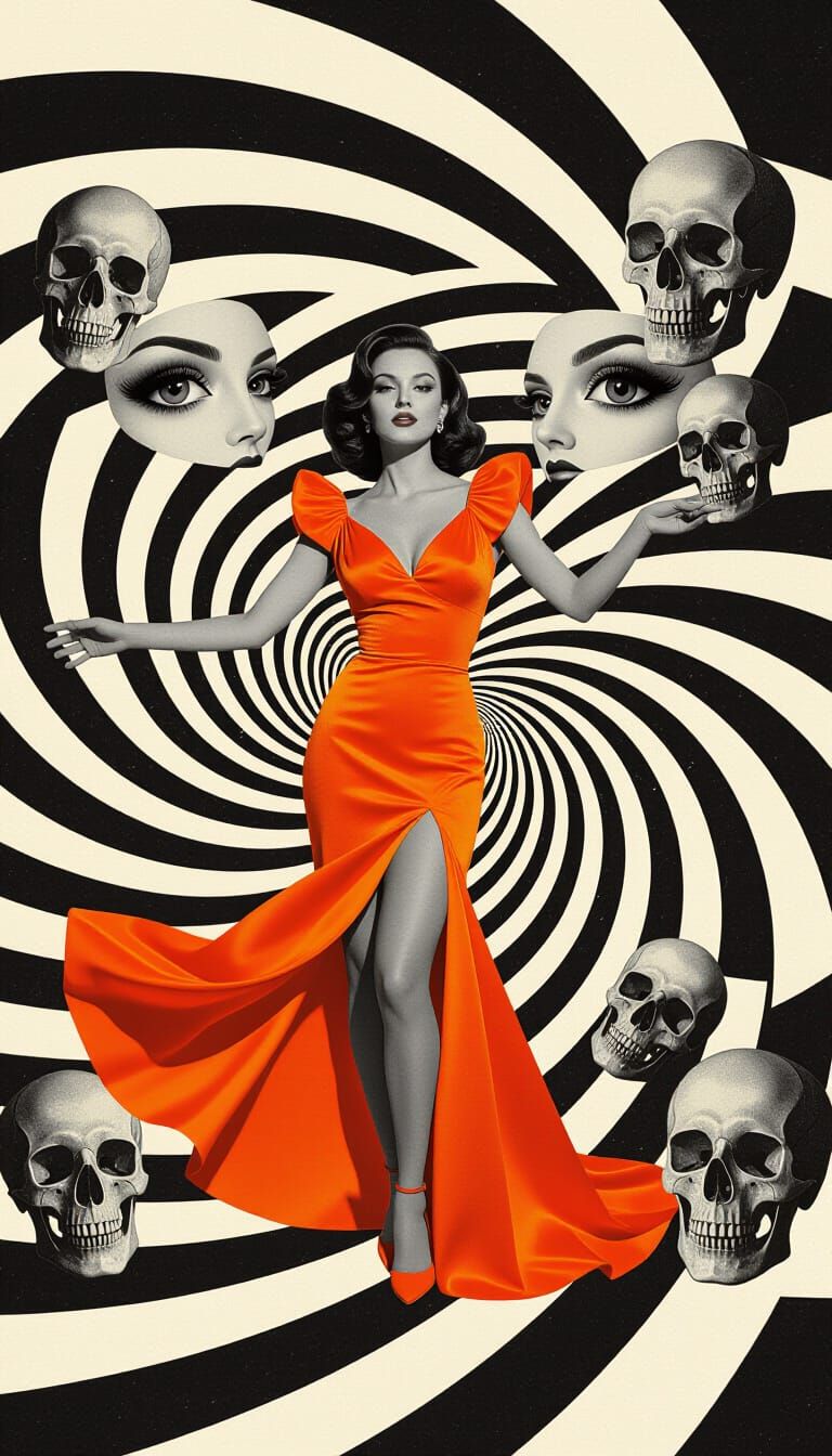Psychedelic Noir: Woman in Fiery Dress Amidst Surreal Vortex