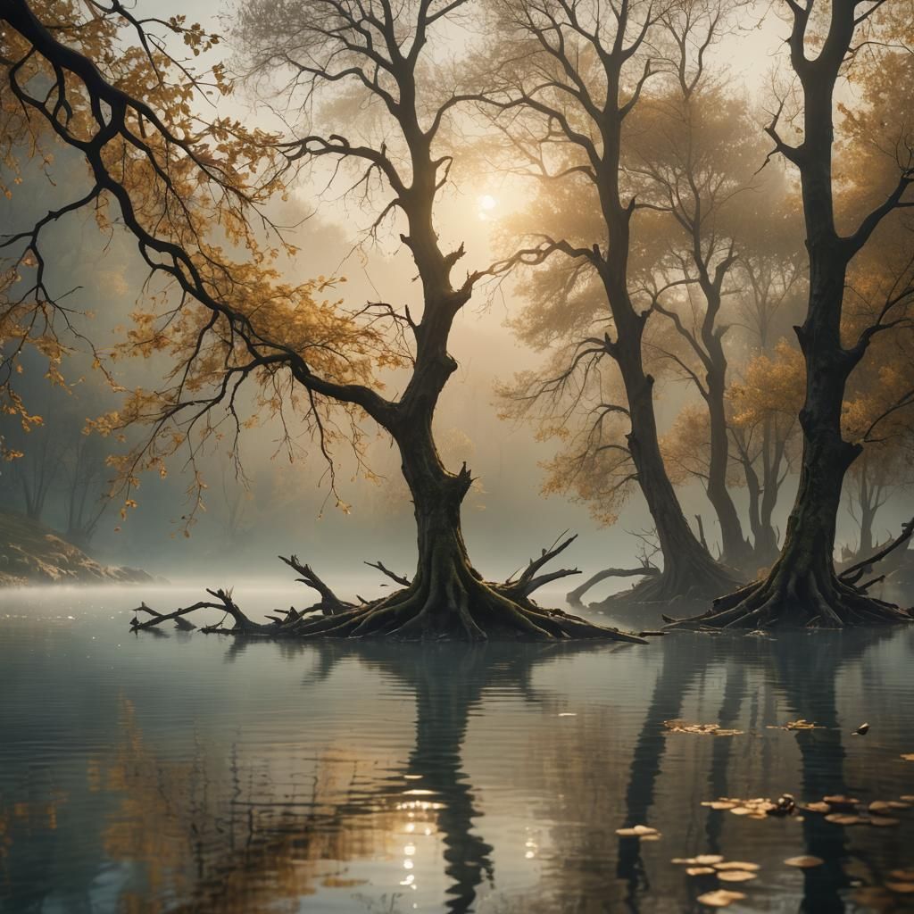 Serene Lake: Sun and Moon's Misty Embrace