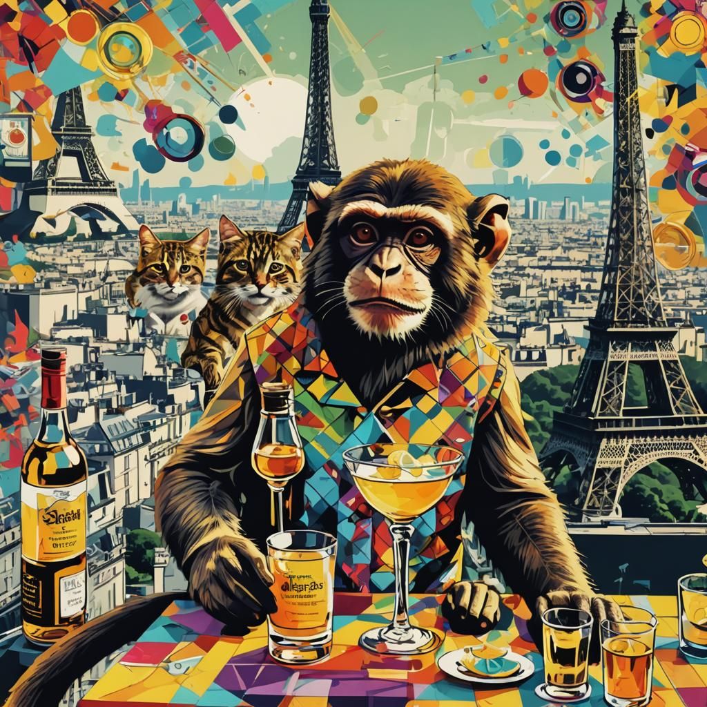 Monkey and Cat Celebrate on Eiffel Tower in Pop Art