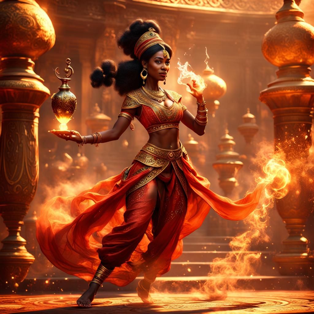 Black Female Genie Emerges from Aladdin Lamp