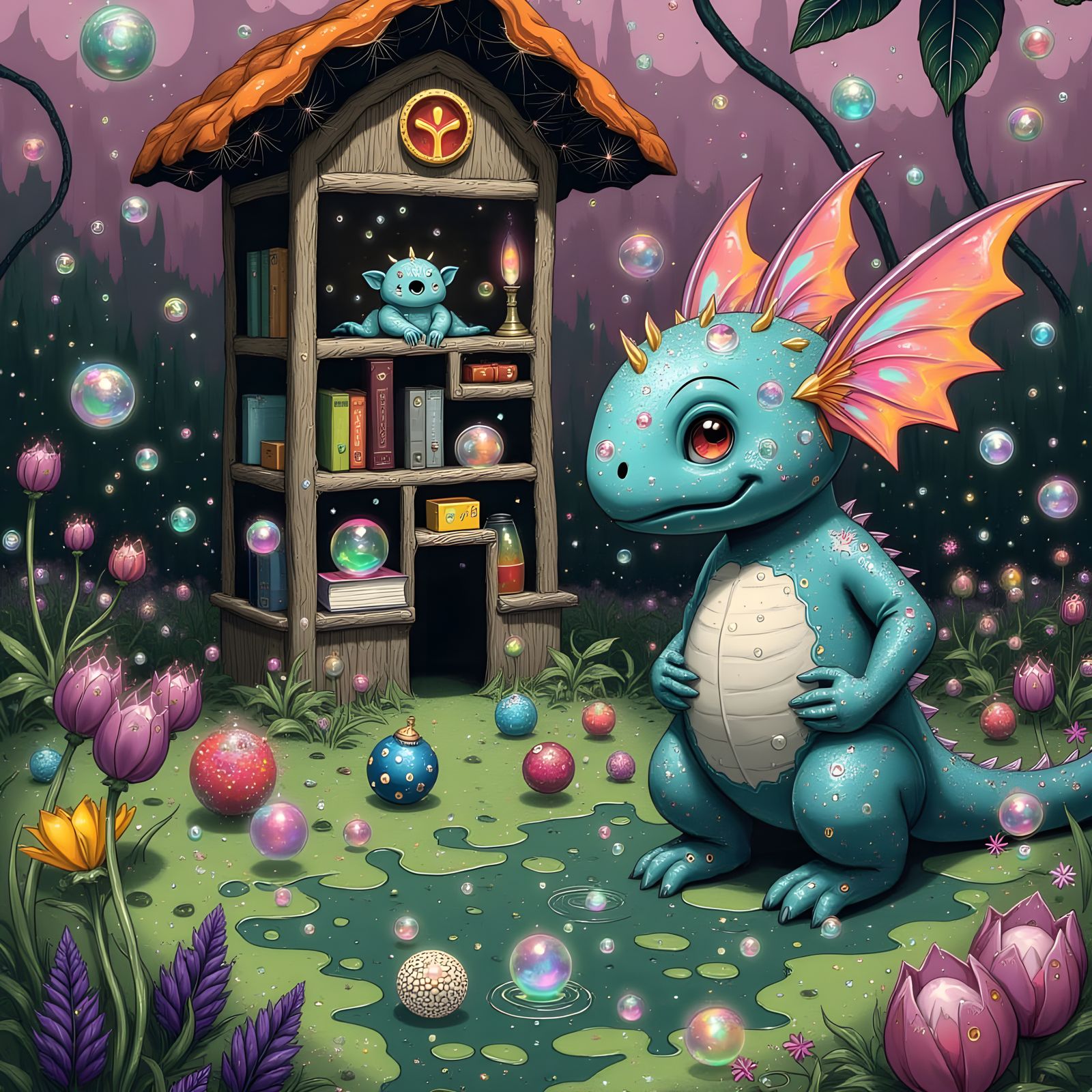 Chubby Dragon in Whimsical Bookshelf World