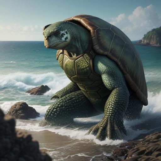 Hyper-Realistic Turtle Creature on Rocky Beach