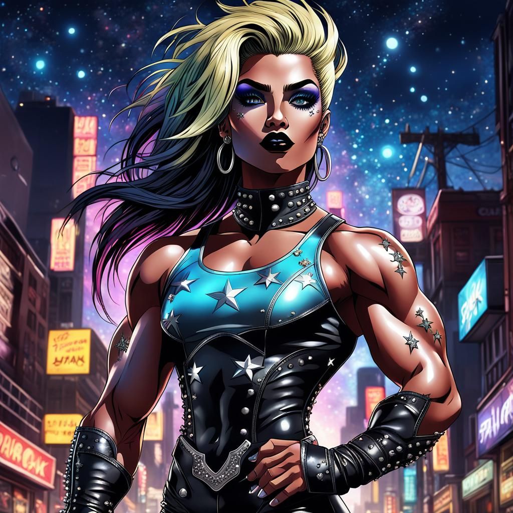 Spunky Goth Bodybuilder in 80s Anime Style