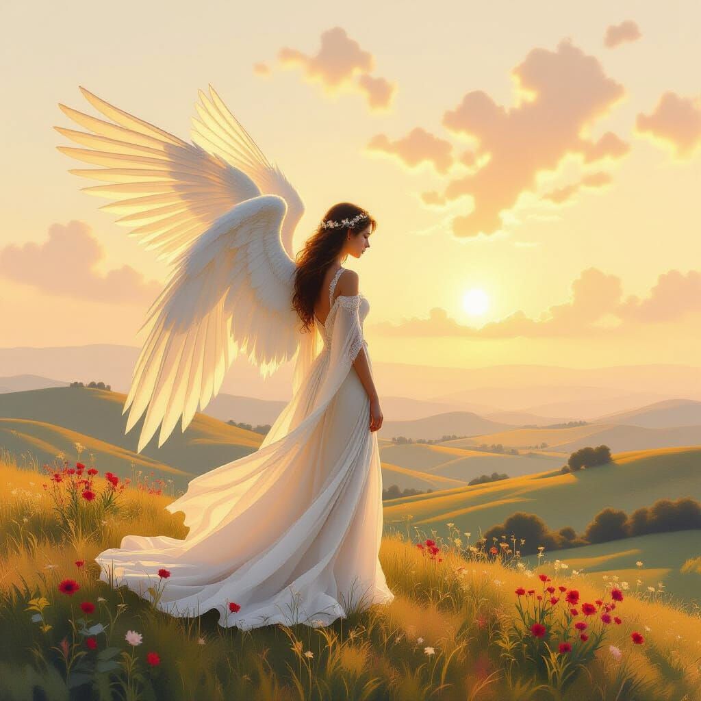 Serene Angel Overlooking Landscape in Ethereal Watercolor St...