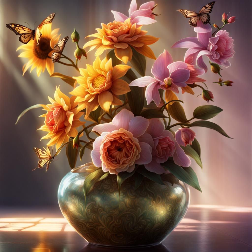 Floral Crete Vase with Candles, Bright Colors