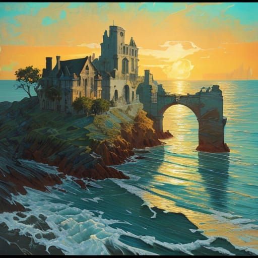 Impasto Oil Painting of Coastal Ruin with Vivid Colors