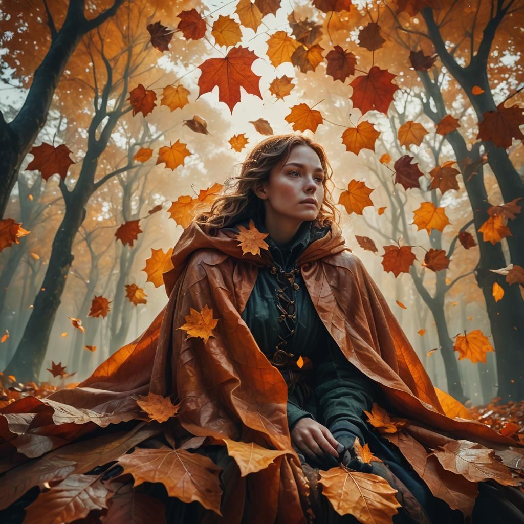Autumnal Woman in Double Exposure Fantasy Art