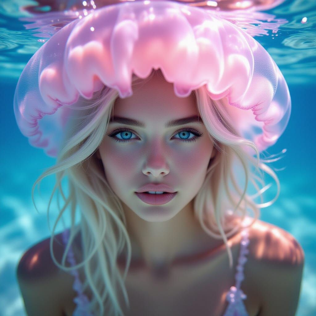 Girl Merging with Jellyfish: A Hyperrealistic Ocean Photo