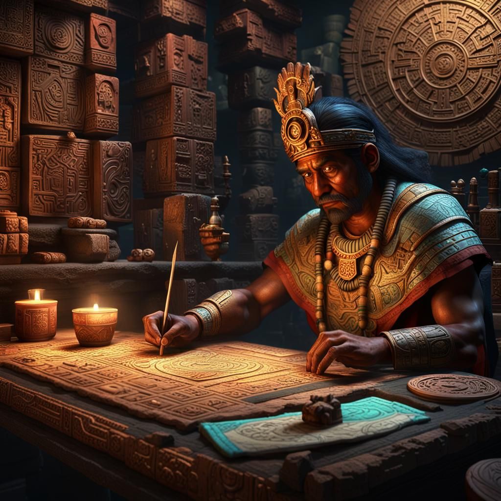 Mayan scribes crafting intricate codices depicting their rich history, mythology, and astronomical knowledge, surrounded...
