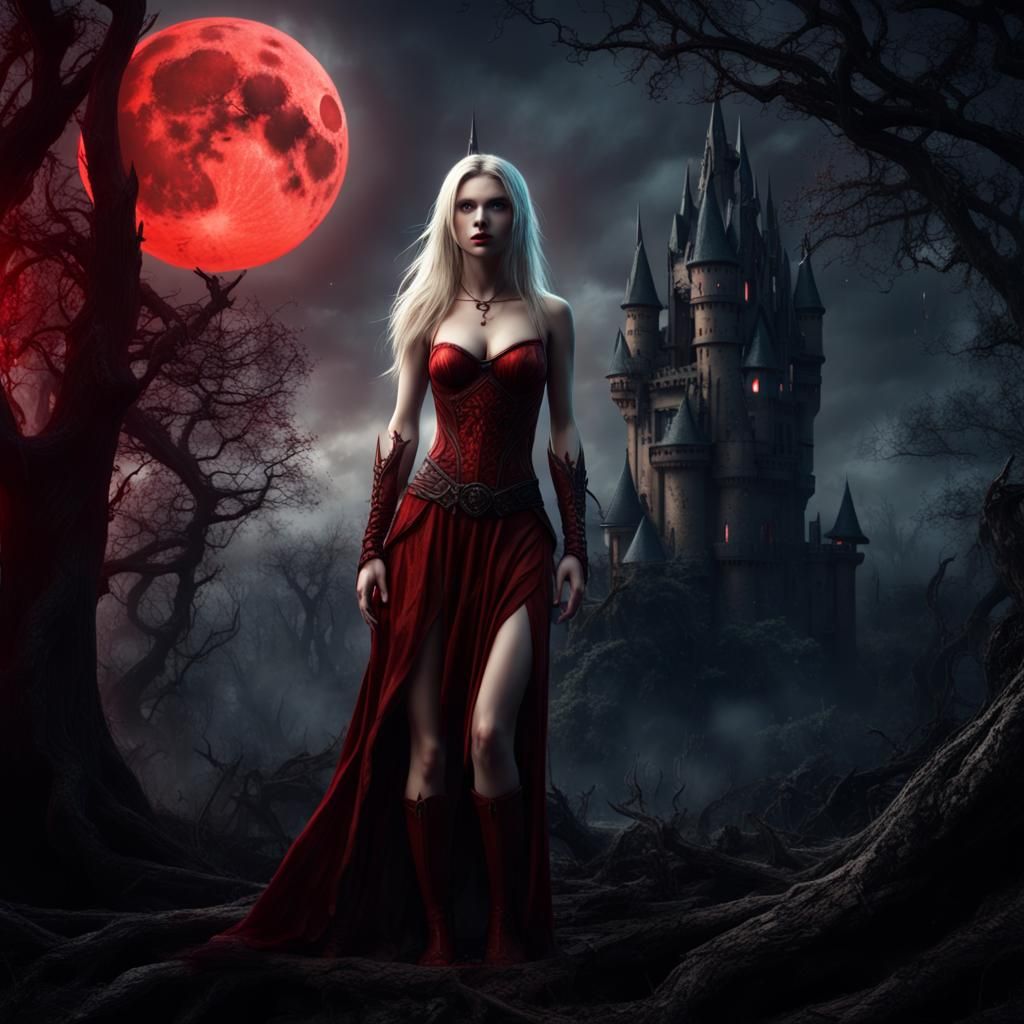 Blonde Elf in Dark Forest with Red Moon