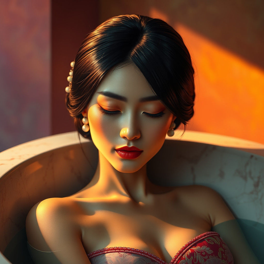 Oriental Princess in Marble Tub: Hyperrealistic Concept Art