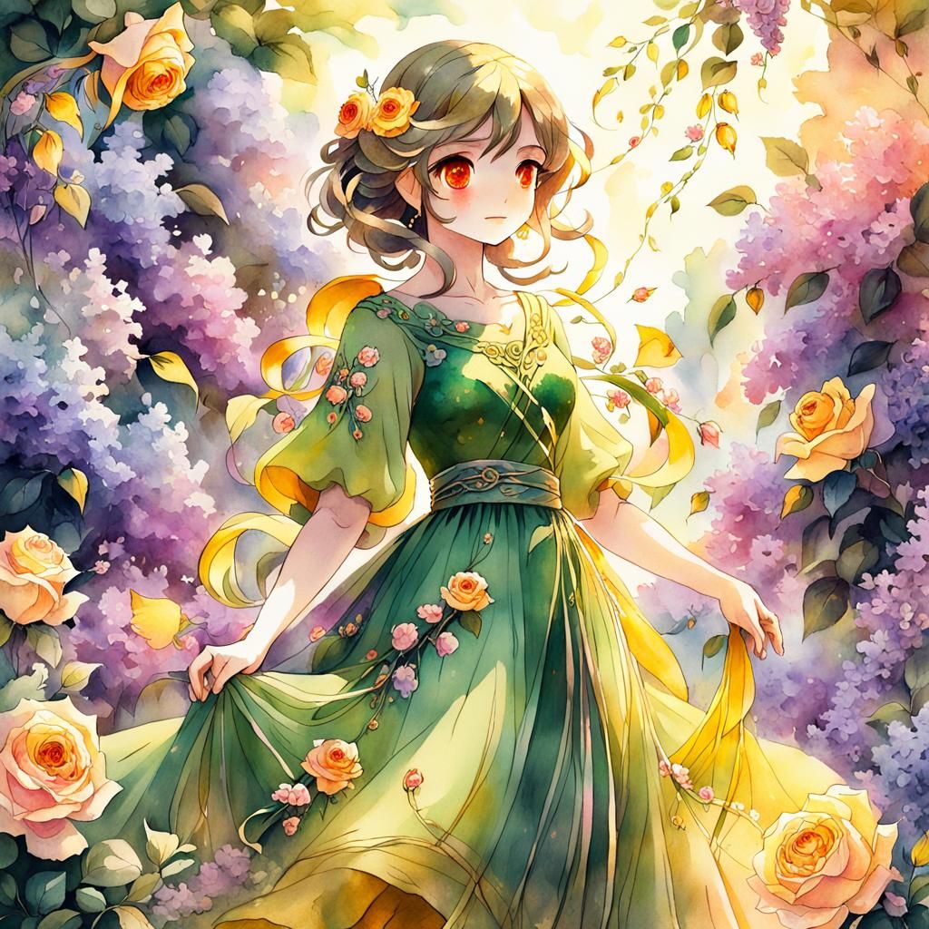 Anime Maiden in Floral Dress in Lush Garden