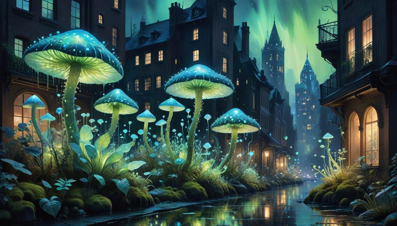 Surreal Bioluminescent Fungi Watercolor Painting