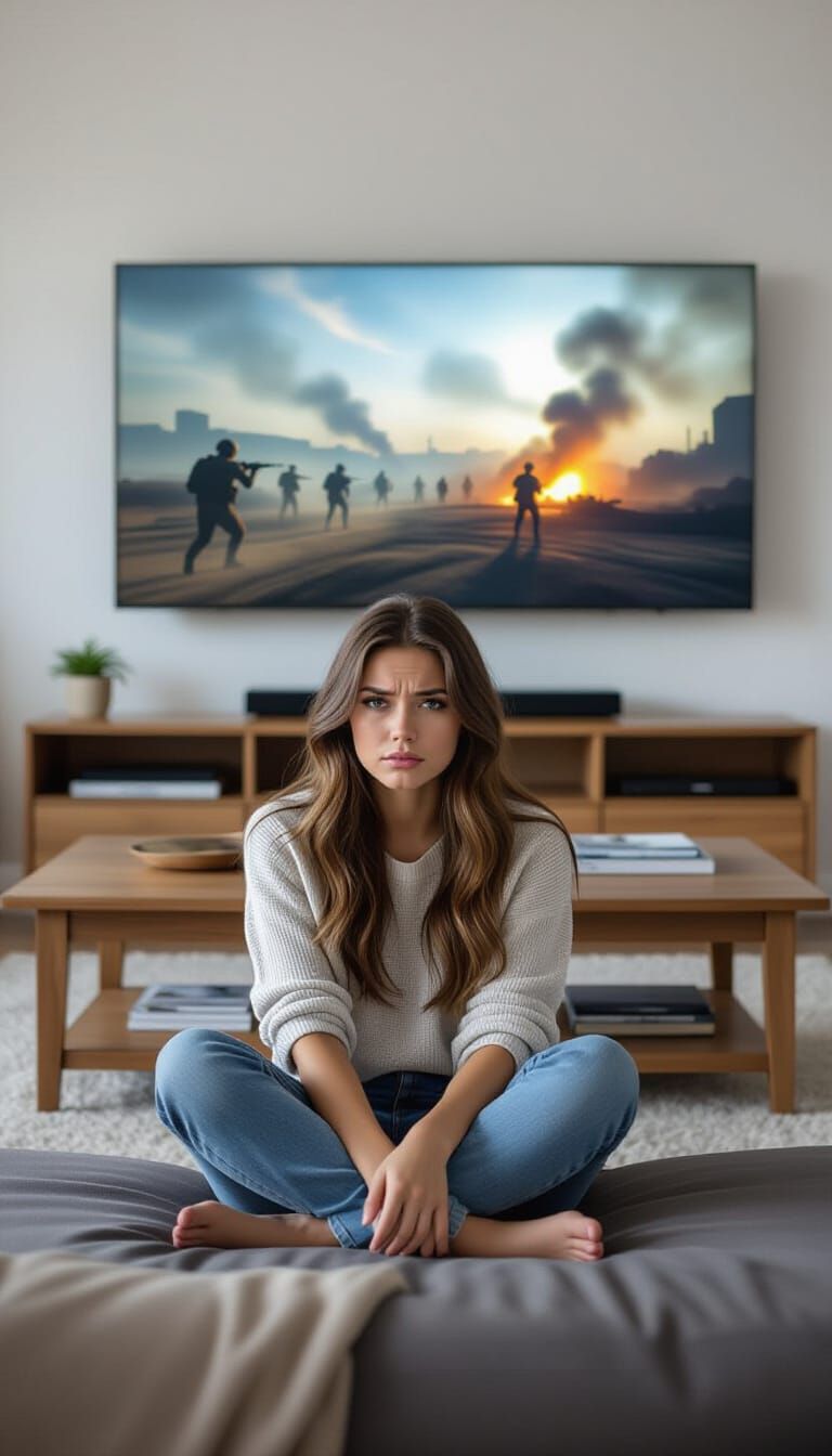 Woman Watches War on TV in Hyperrealistic Style