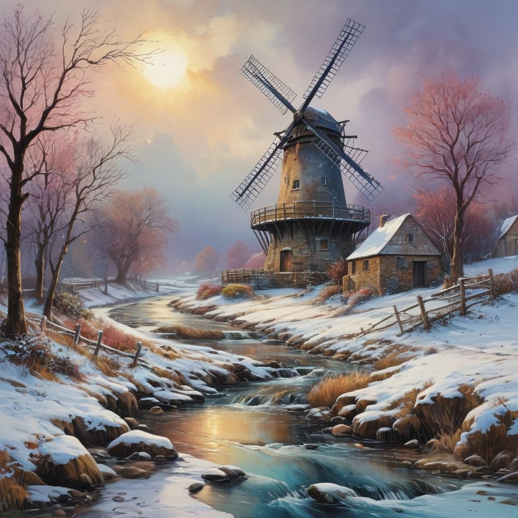 Winter Windmill: Splashy Watercolor Masterpiece