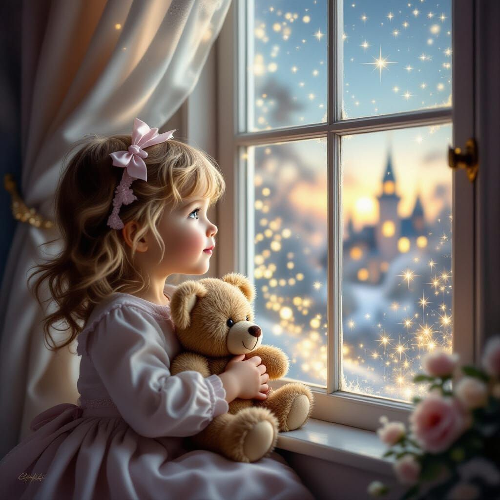 Girl and Teddy Bear Gaze at Magical World