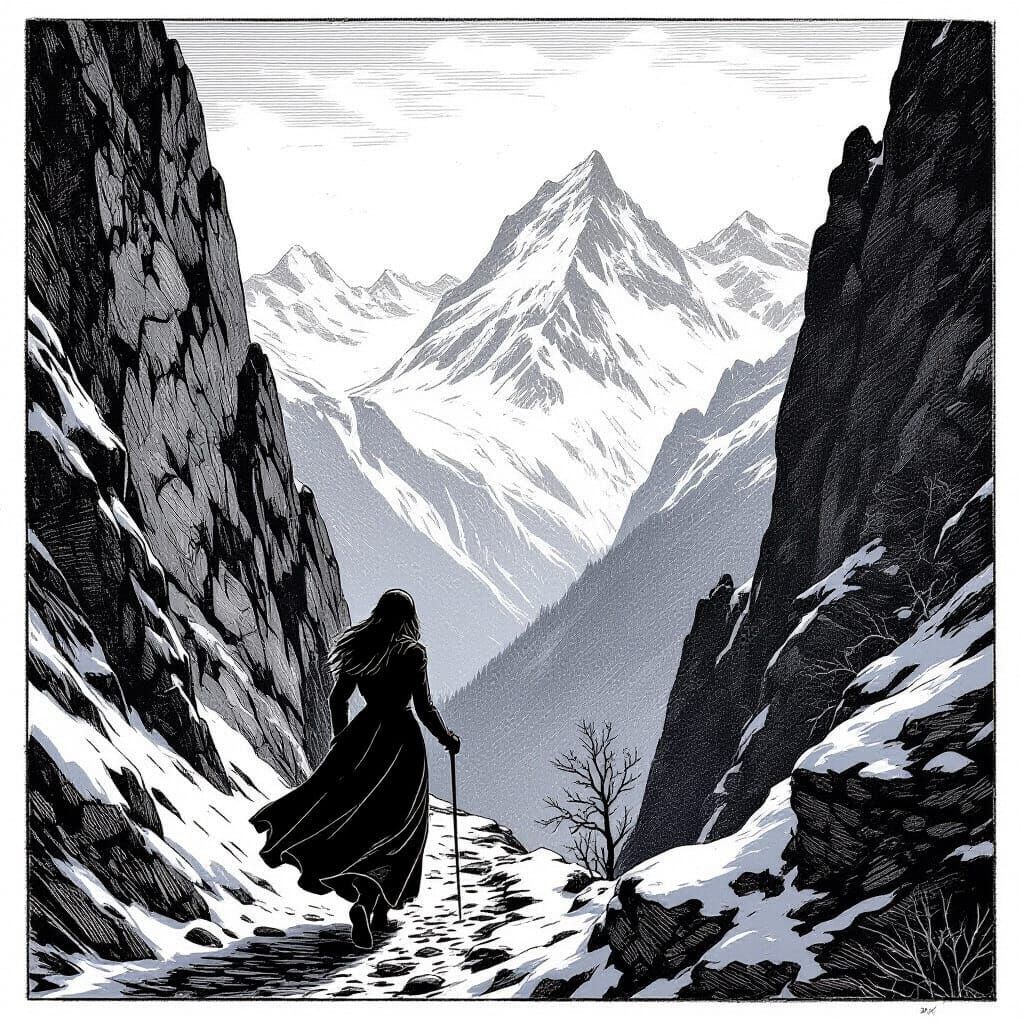 Woman Ascends Snowy Alpine Path in Dramatic Woodcut Style