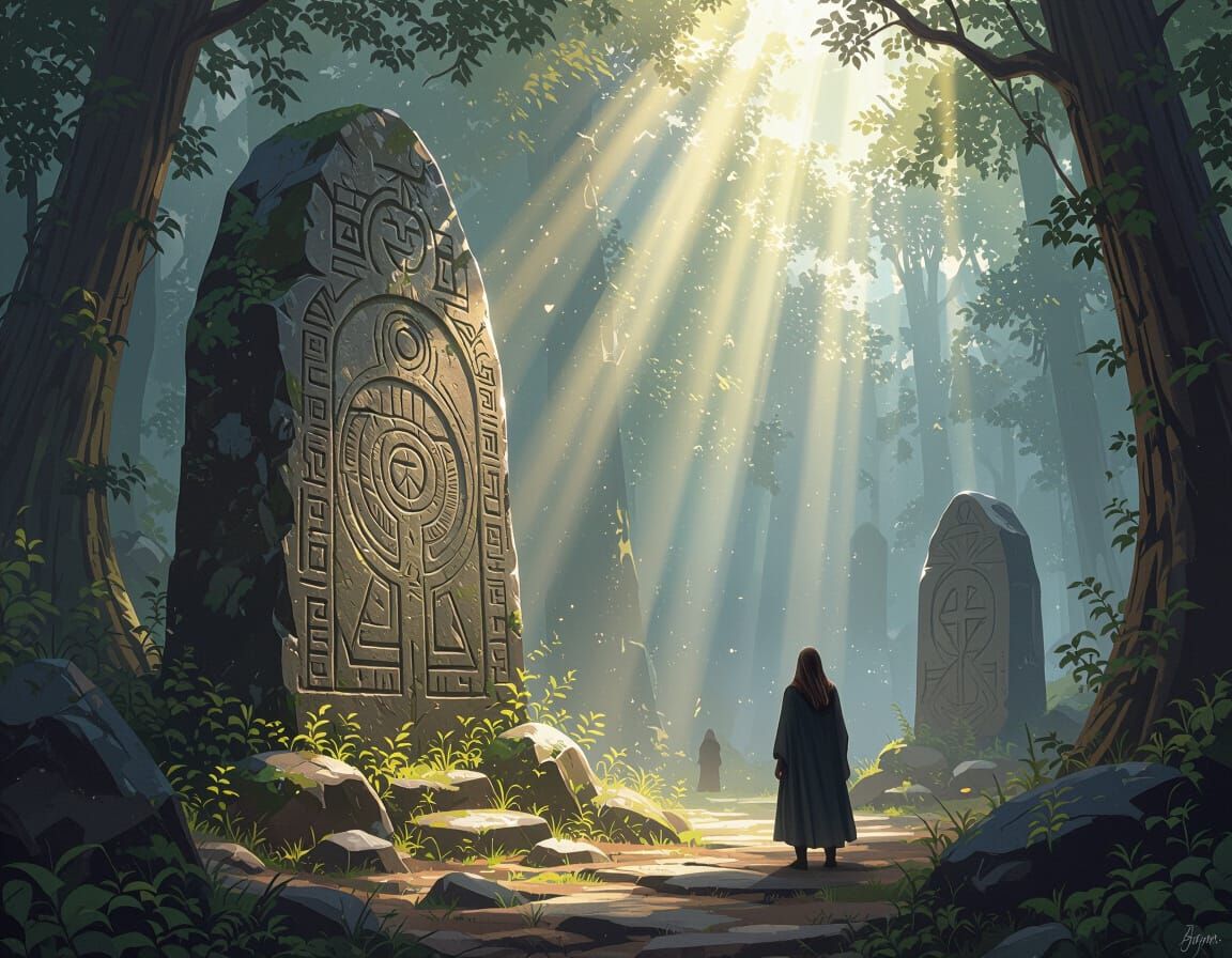 Mystical Forest: Ancient Symbols and Spiritual Light