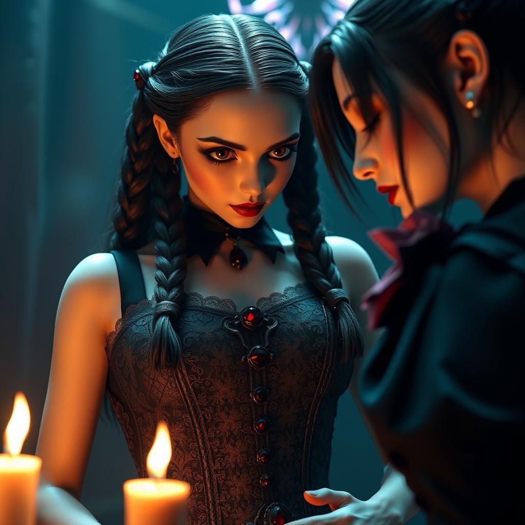 Wednesday Addams intensely looking at Elvira's chest By arti...