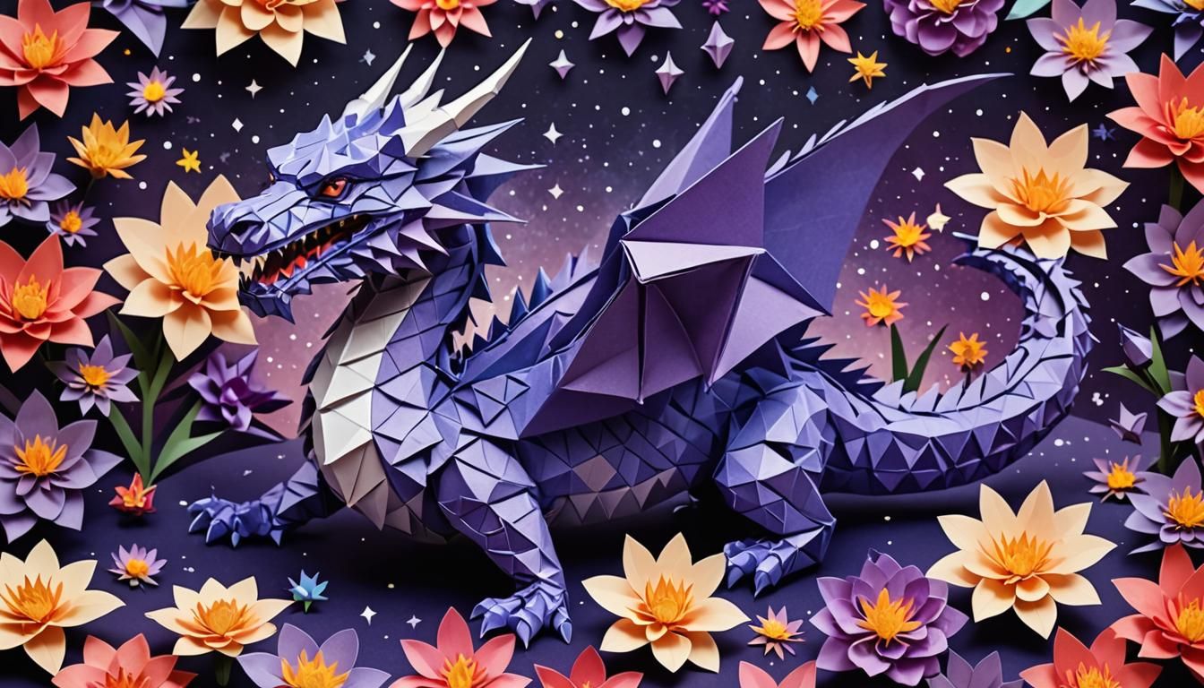 Cosmic Origami Crystal Dragon and Flowers