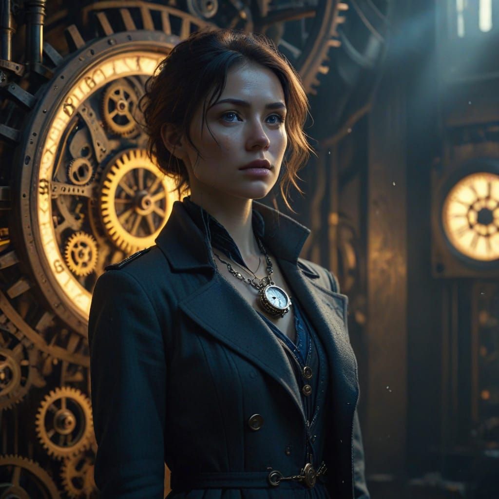 Timeless Vortex: A Young Woman Amidst Clockwork Whirlwind