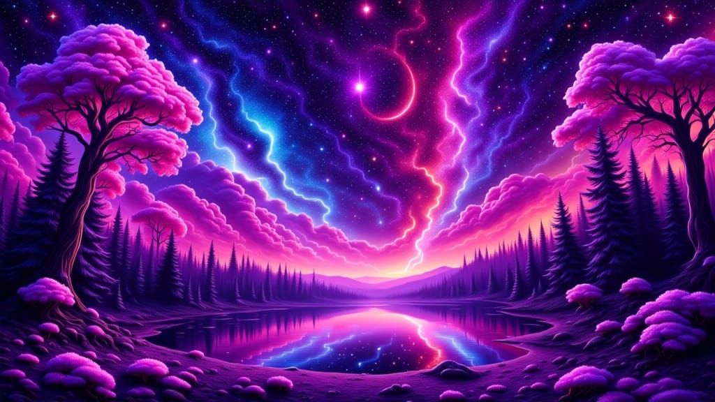 Neon Kaleidoscope in Starry Night Sky