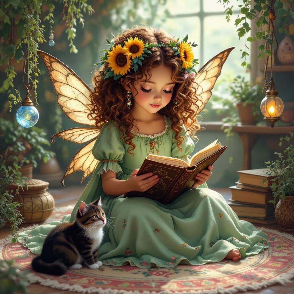 Hispanic Witch Girl Reads Spellbooks with Cat, Whimsical Cot...