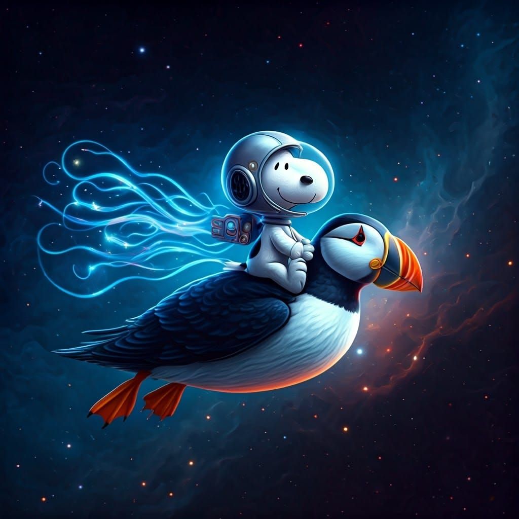 Snoopy Riding a Majestic Puffin through a Starry Galaxy