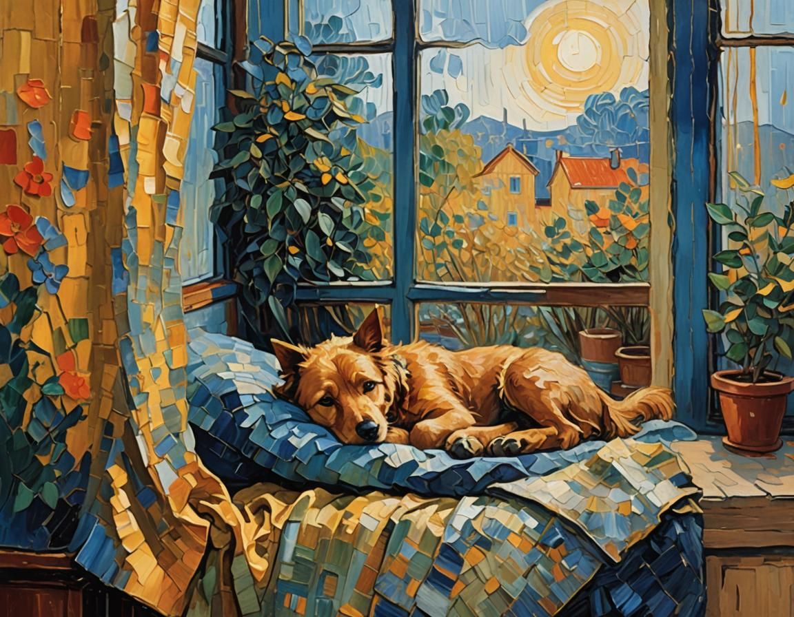 Cozy Nook Through Rainy Window in Neo-Impressionism Style