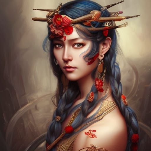 Beautiful Neovictorian Asian Viking Woman Portrait