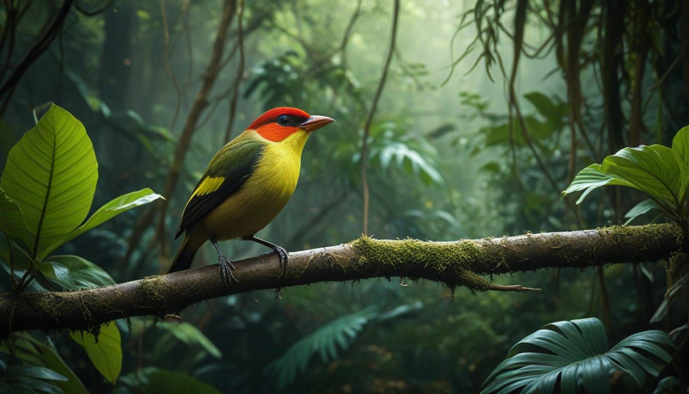 Wire-Tailed Manakin in Vibrant Jungle, Splash Art Style