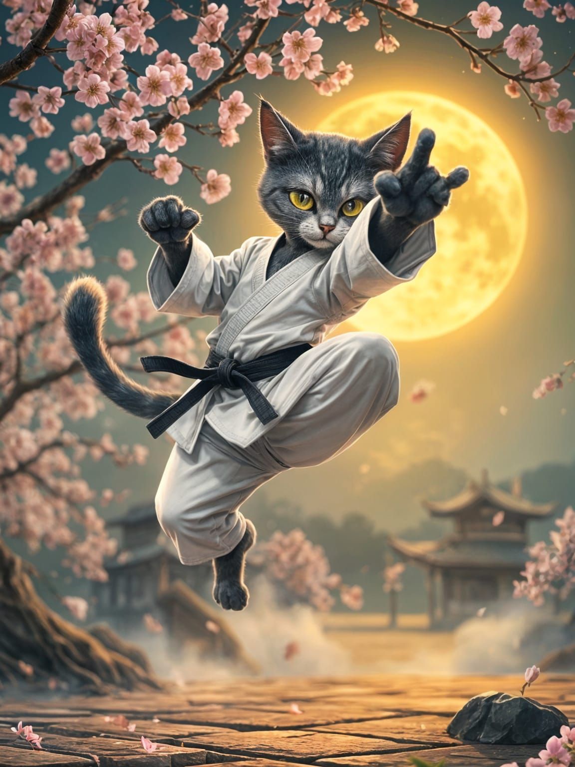 Anthropomorphic Cat Practicing Karate in Dreamy Setting