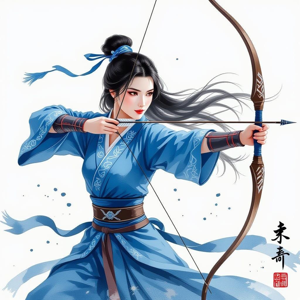 Chinese Woman Archer in Blue Warrior Outfit, Ink Wash Style
