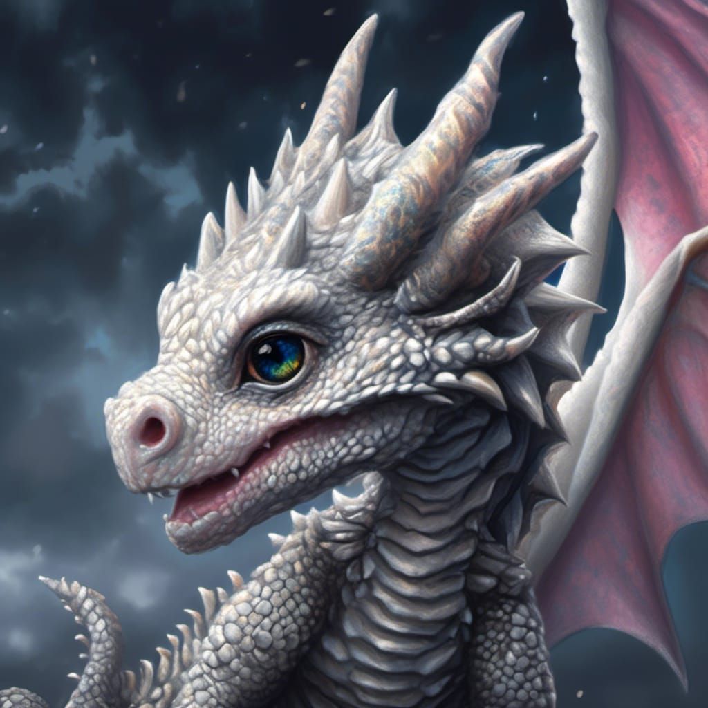 <lora:Dragonhatchlings:1.0> Baby dragon, white with grey str...