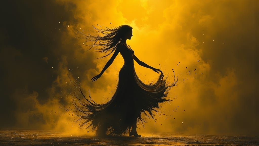 Celestial Goddess Dancing in Golden Fog