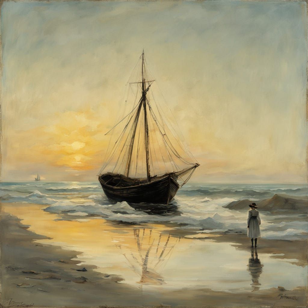 Ethereal Woman Contemplates Serene Ocean Scene in Impression...