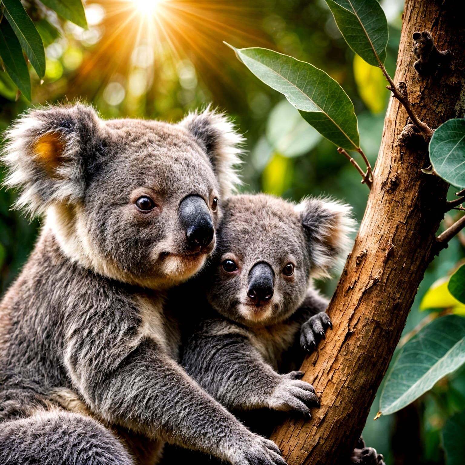 Cute Koala Mother and Baby in Vibrant Eucalyptus