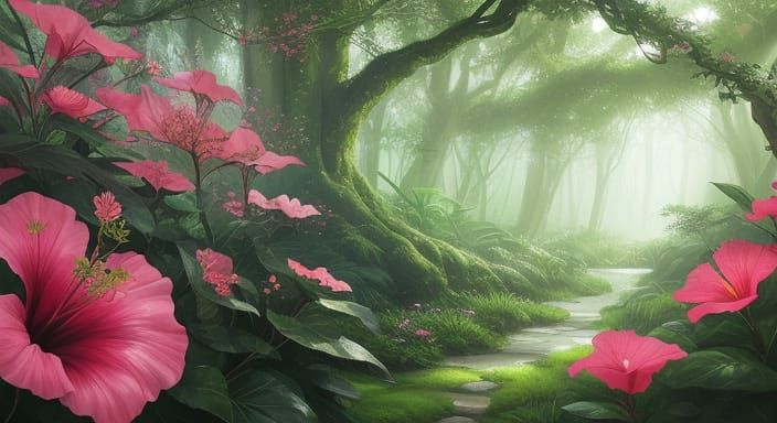 Mystical Hibiscus Blooms in Enchanted Forest Concept Art
